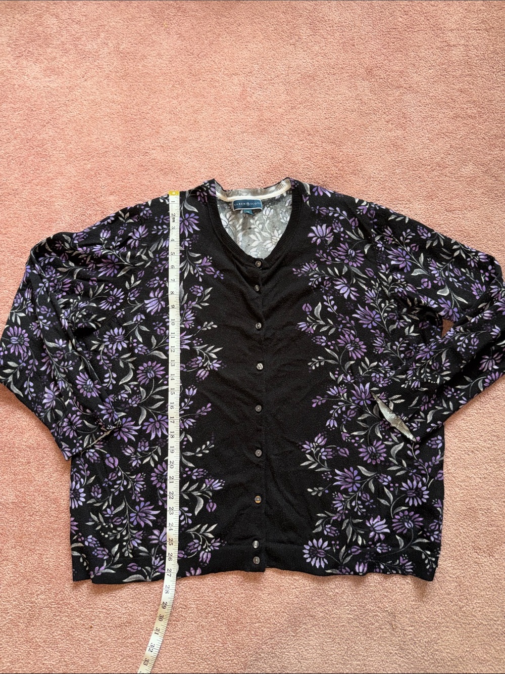 Karen Scott Black Cardigan with Purple Floral Pattern